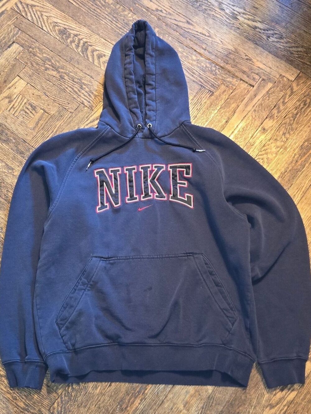 Vintage Nike Spell Out Center Swoosh Hoodie Sweatshirt Mens M Black Red 90s Y2K